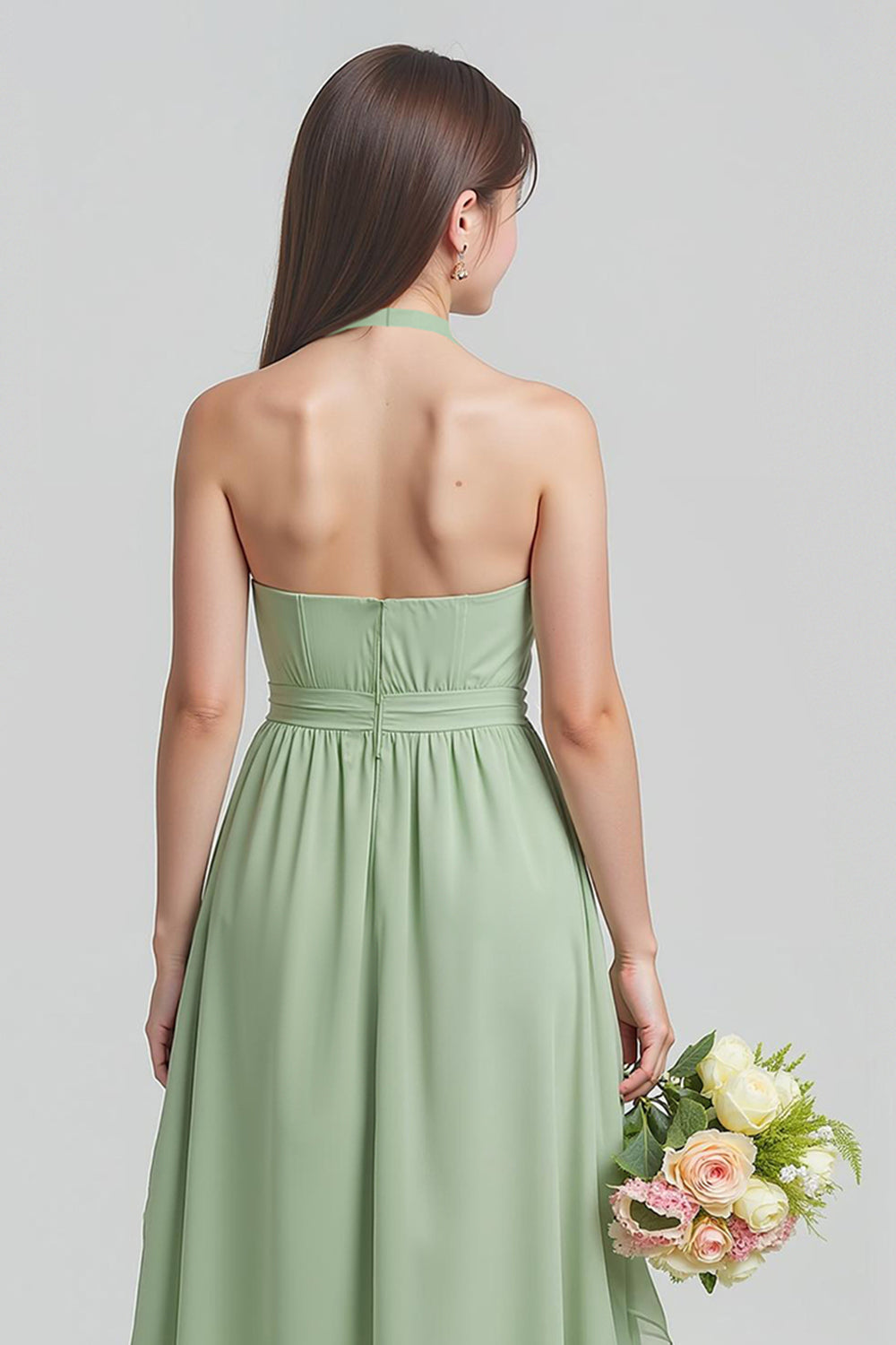 Robe de demoiselle d’honneur junior en mousseline de soie vert sauge