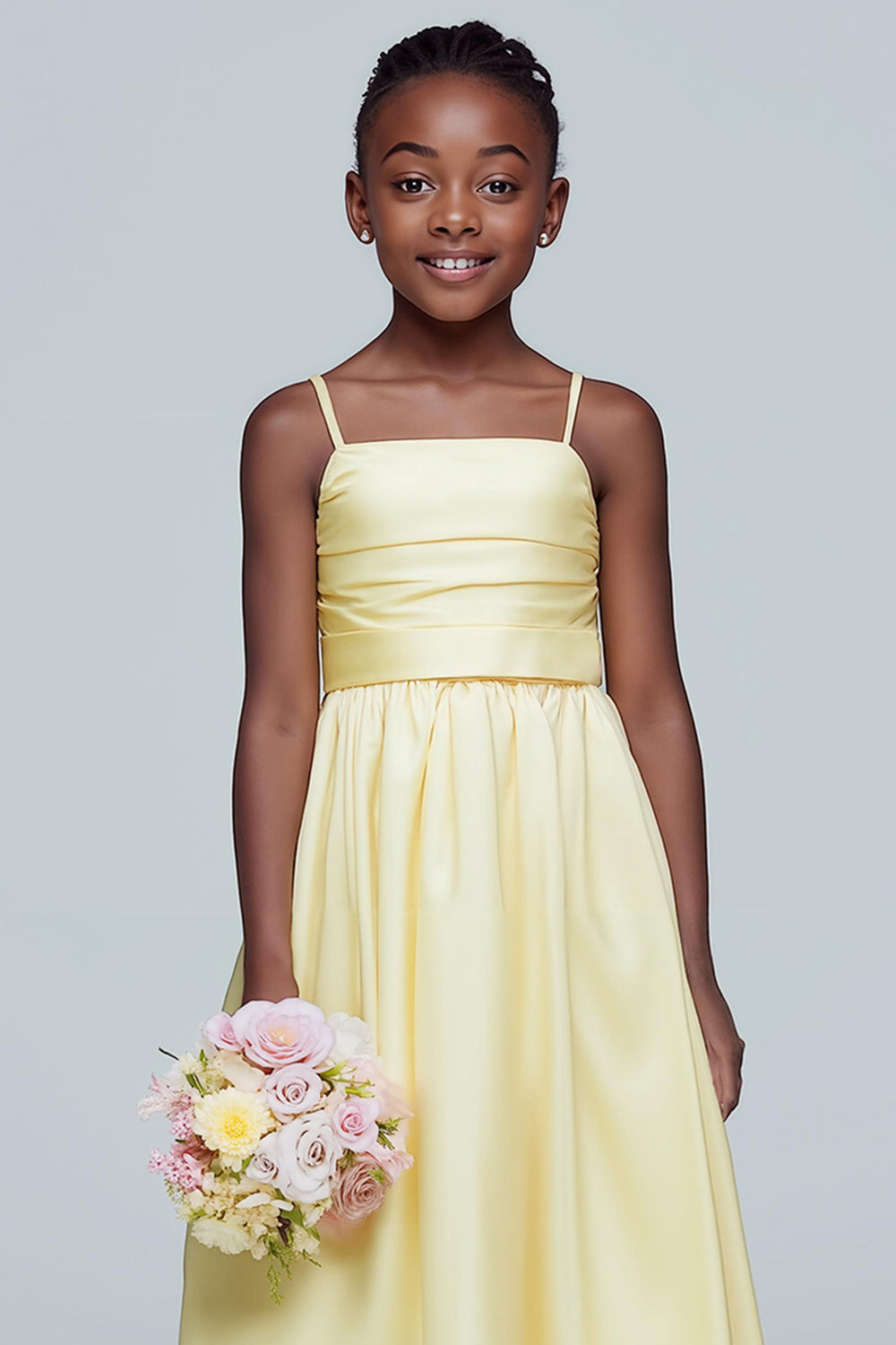 Jonquille Une Ligne Satin Ruché Longue Robe de demoiselle d’honneur Junior