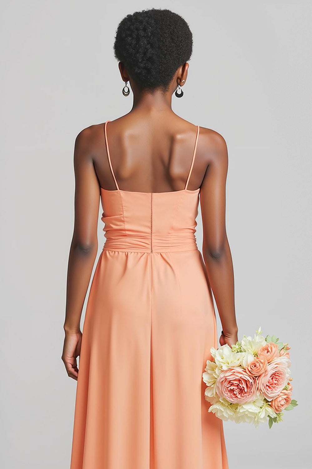 Coucher de soleil gaine mousseline de soie bretelles spaghetti longue robe de demoiselle d’honneur junior