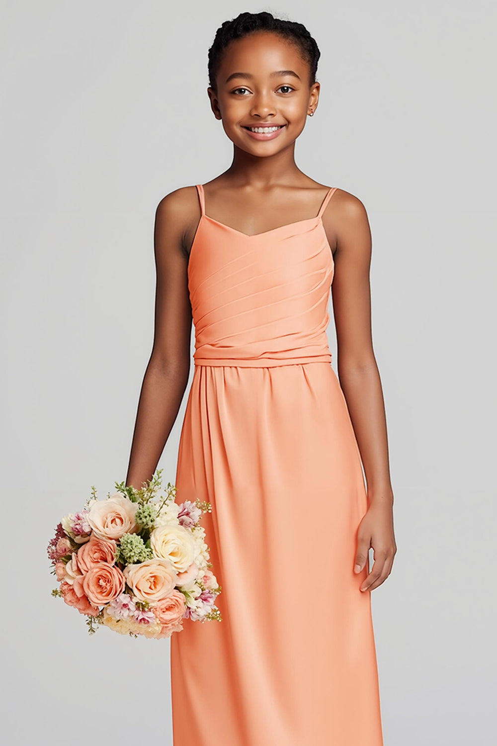 coucher de soleil satin spaghetti bretelles dos nu longue robe de demoiselle d’honneur junior