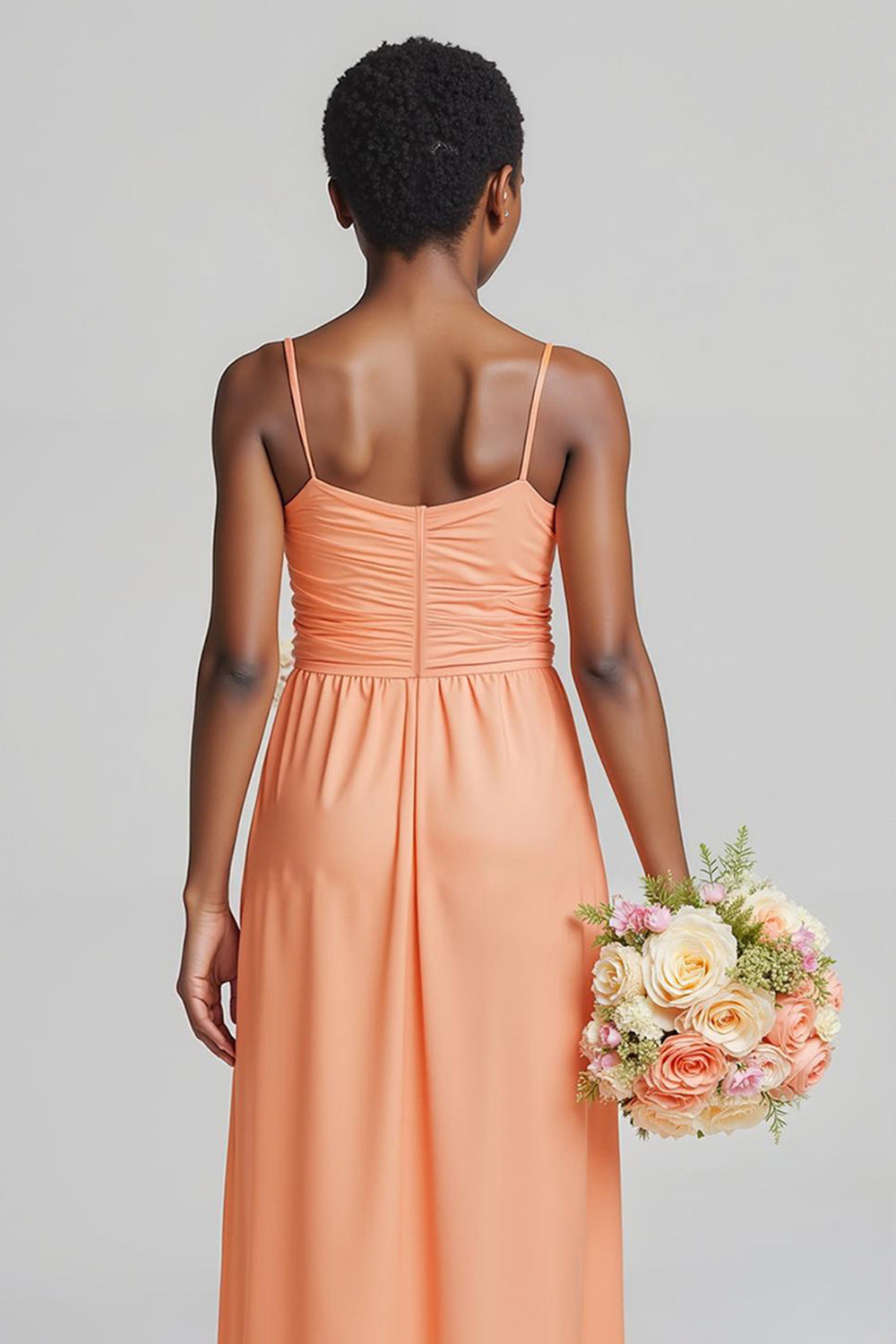 coucher de soleil satin spaghetti bretelles dos nu longue robe de demoiselle d’honneur junior