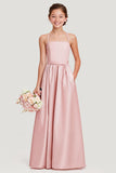 Simple Blush Une Ligne Satin Spaghetti Bretelles Longue Robe de demoiselle d’honneur Junior