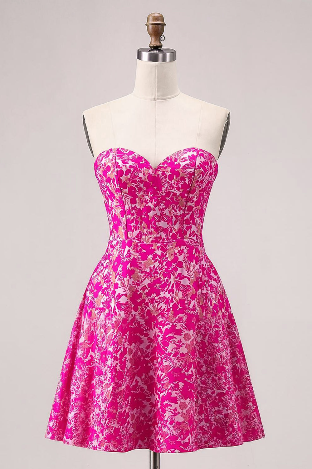 Fuchsia Floral Sans Bretelles A Ligne Mini Robe de cocktail