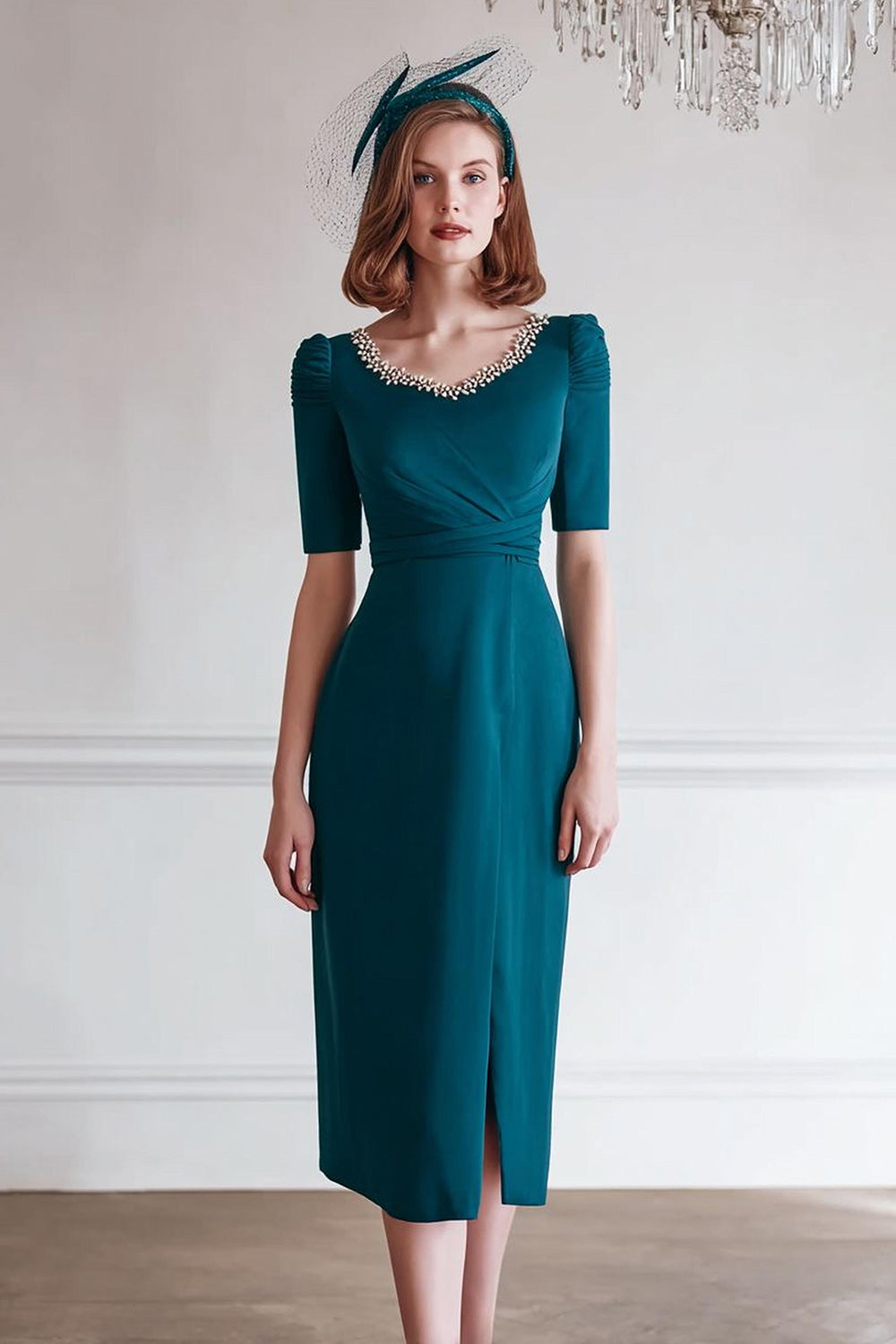 Paon Bleu Mousseline Fourreau Bateau Mère de la Mariée Robe avec Fente