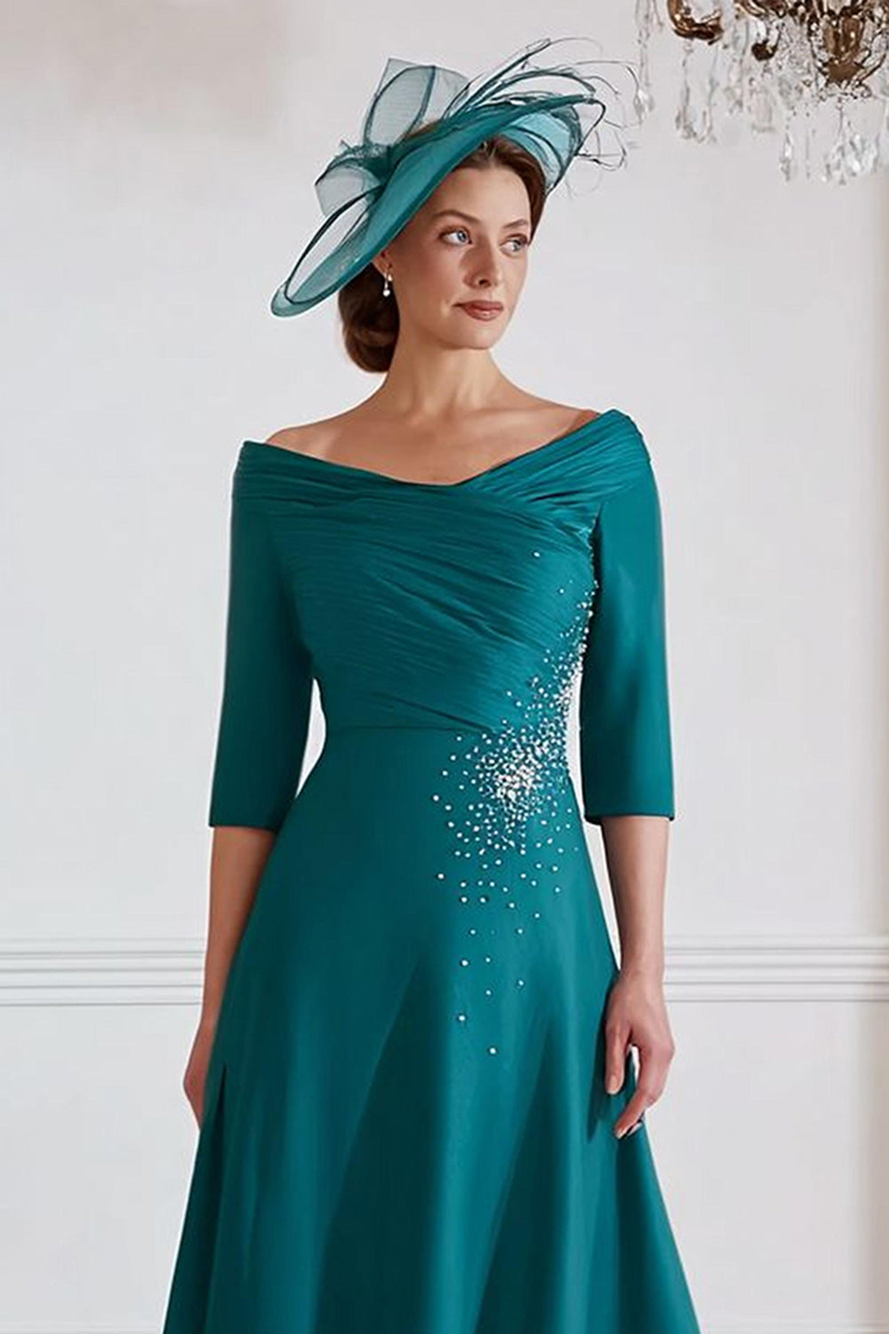 Robe midi mère de la mariée vert paon une ligne avec demi-manches