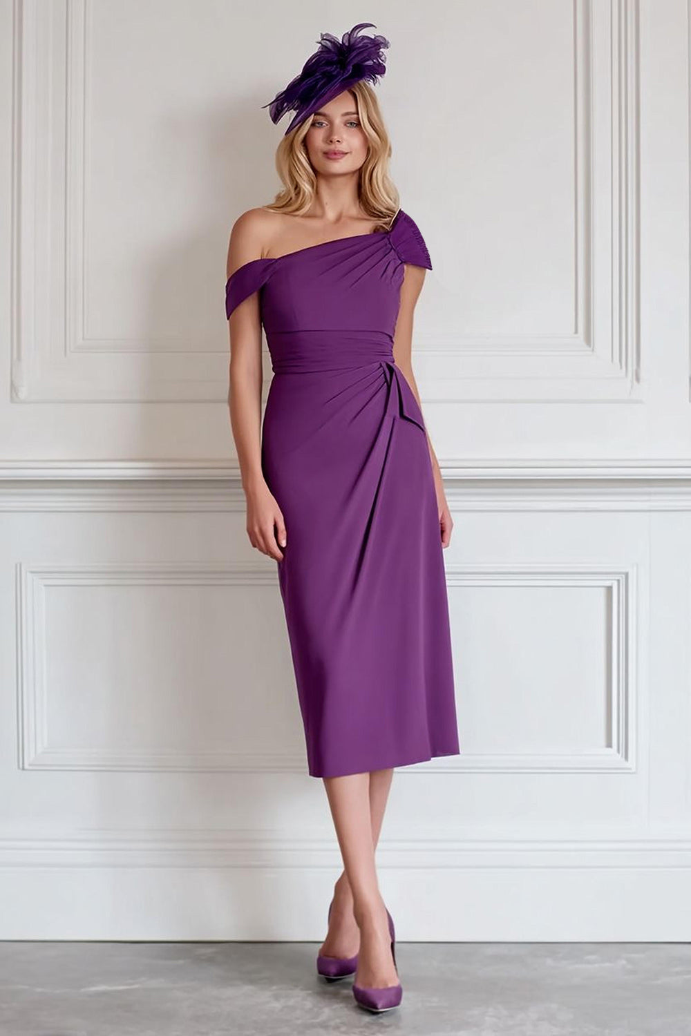 Robe midi Mère de la mariée fourreau bordeaux à épaules dénudées en mousseline de soie