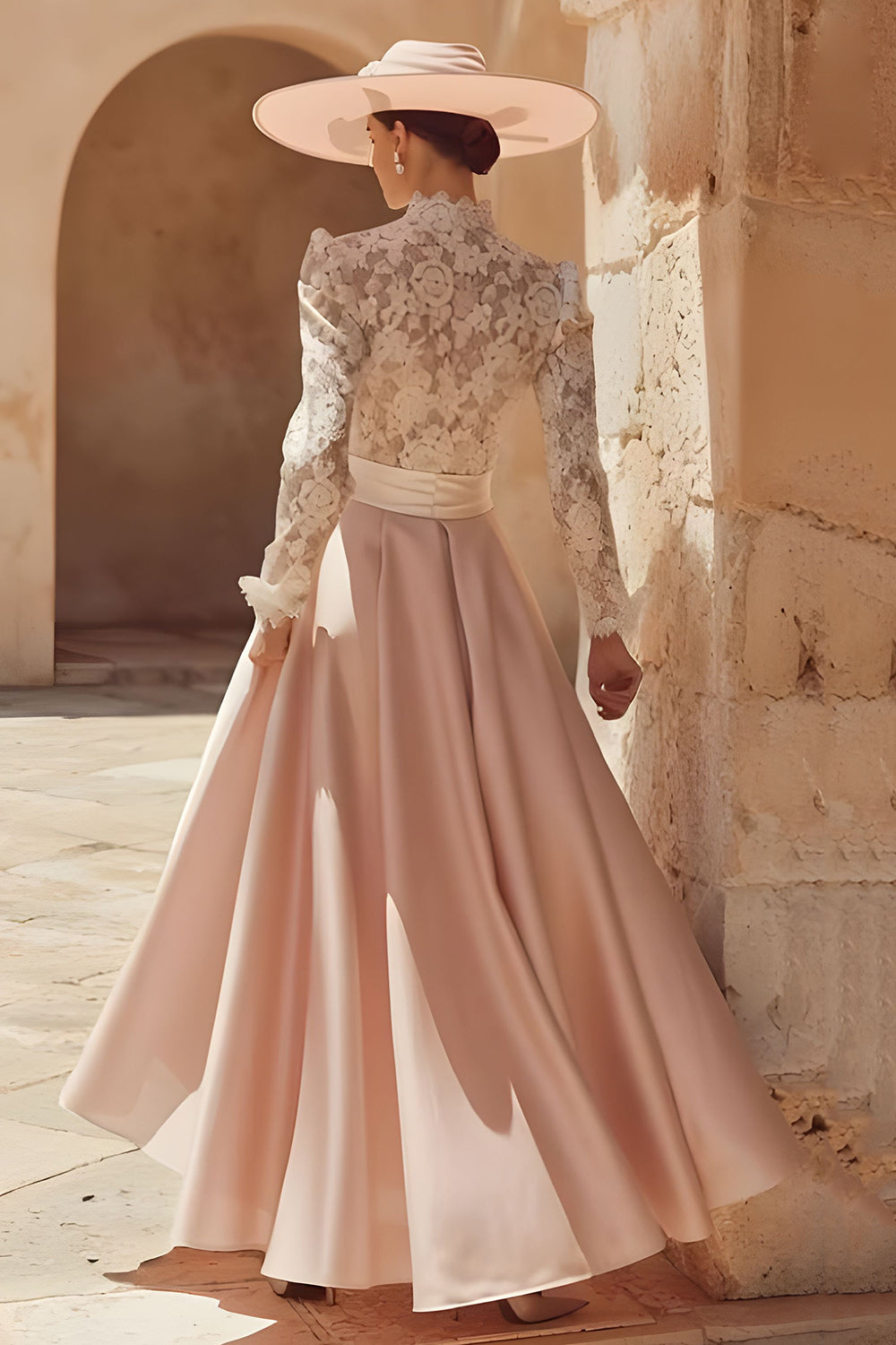 Candy Rose Col Haut Une Ligne Longue Mère de la Mariée Robe avec Dentelle