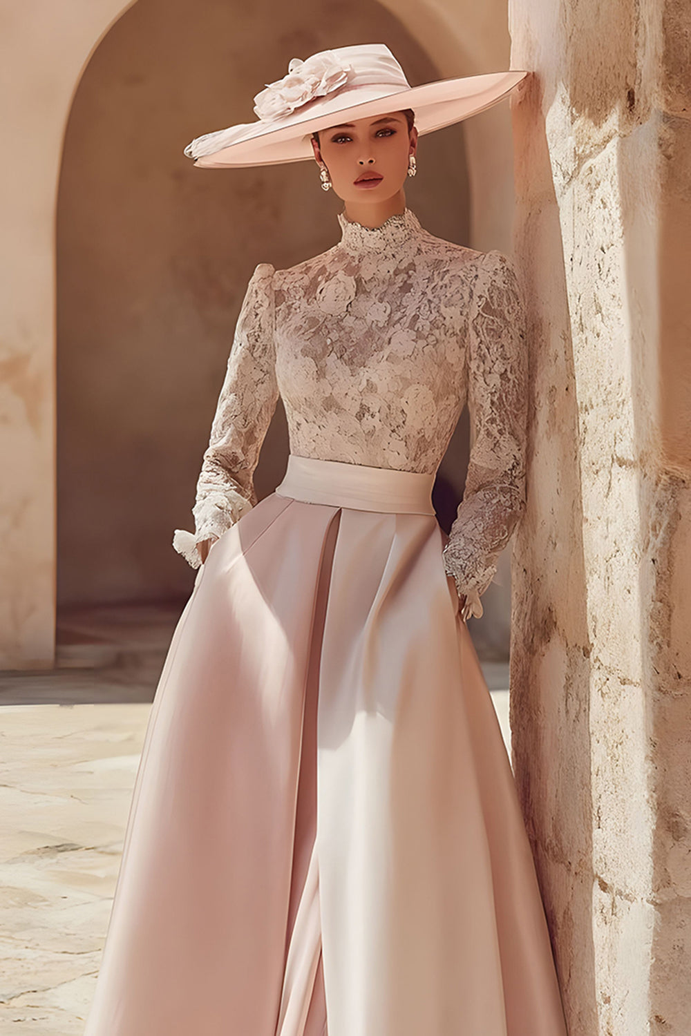 Candy Rose Col Haut Une Ligne Longue Mère de la Mariée Robe avec Dentelle