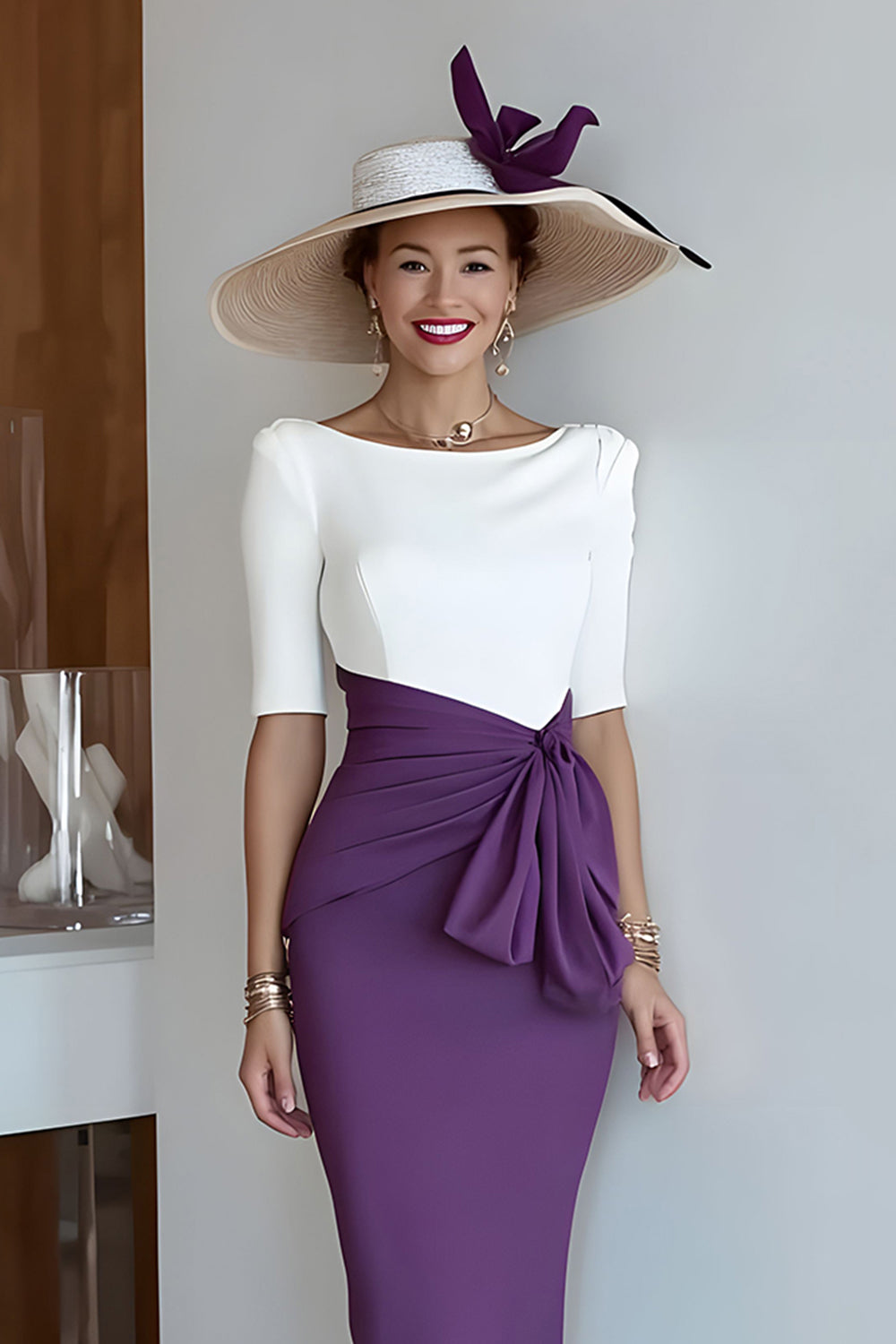 Robe midi Mère de la mariée en satin Grape Bodycon Col rond