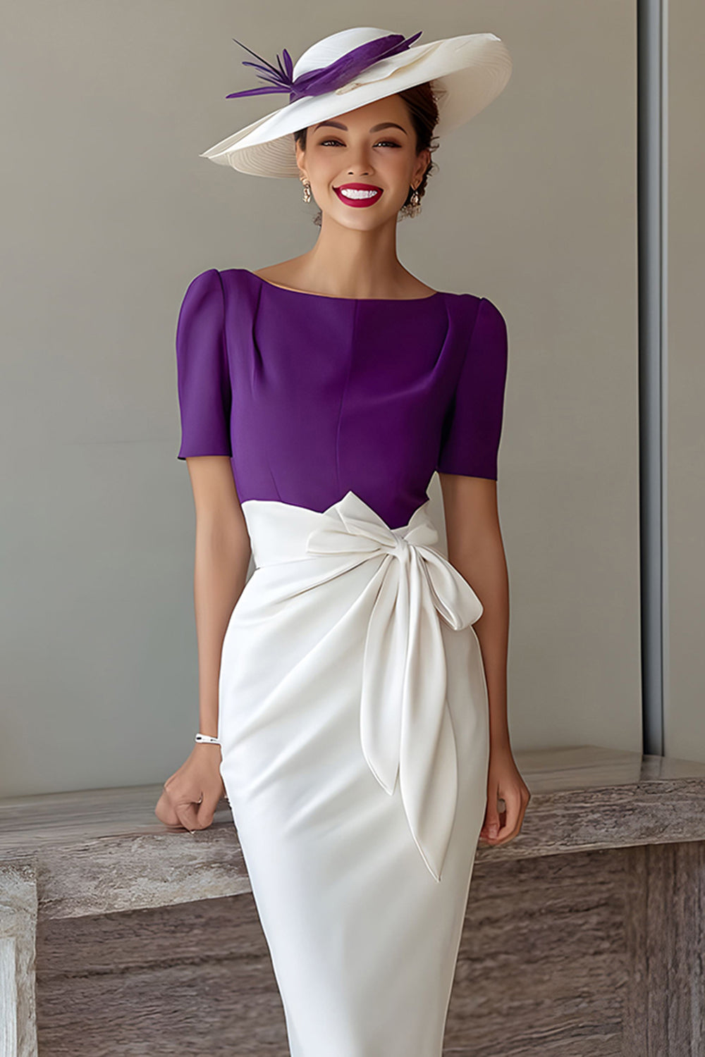 Crayon raisin mousseline de soie col bateau Midi mère de la mariée robe avec noeud