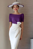 Crayon raisin mousseline de soie col bateau Midi mère de la mariée robe avec noeud