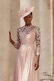 Mousseline de soie rose poudré Une ligne plissée Midi Robe de mère de la mariée avec dentelle