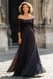 Robe longue mère de la mariée en mousseline de soie noire à épaules dénudées avec dentelle