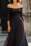 Robe longue mère de la mariée en mousseline de soie noire à épaules dénudées avec dentelle