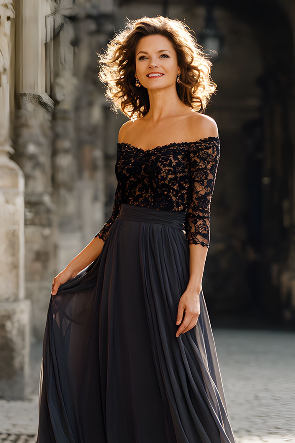 Robe longue mère de la mariée en mousseline de soie noire à épaules dénudées avec dentelle