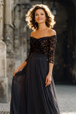 Robe longue mère de la mariée en mousseline de soie noire à épaules dénudées avec dentelle