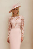 Fard à joues rose fourreau col bateau Midi Robe mère de la mariée avec dentelle