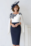 Robe midi midi à col rond blanc marine avec cape