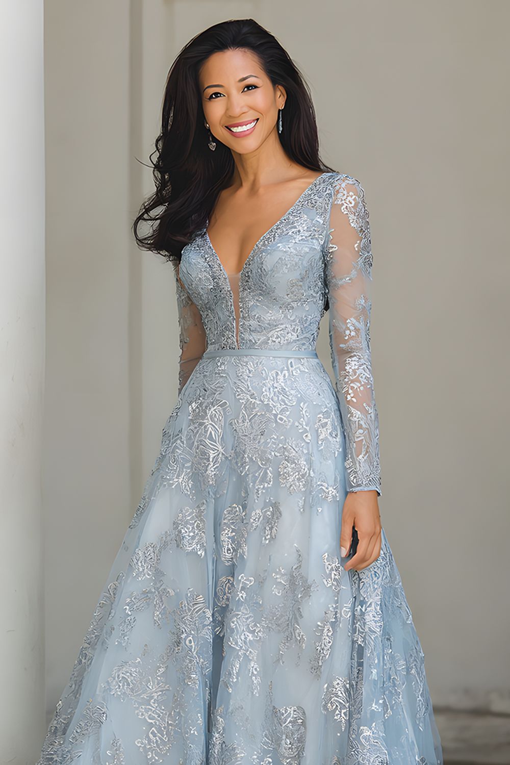 Argent A Ligne Col V Longue Robe Mère de la Mariée avec Appliques