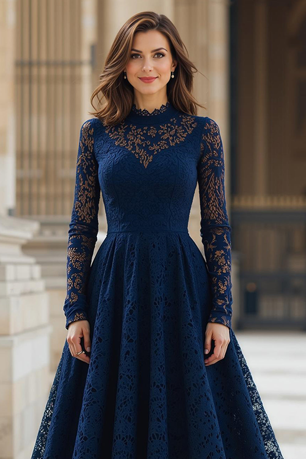 Robe longue mère de la mariée en dentelle à col haut marine avec manches