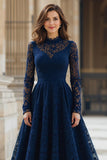 Robe longue mère de la mariée en dentelle à col haut marine avec manches
