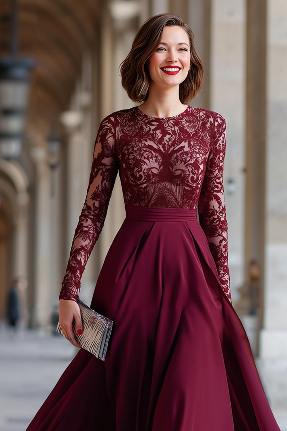 Cabernet Mousseline Une Ligne Manches Longues Mère De La Mariée Robe Avec Dentelle