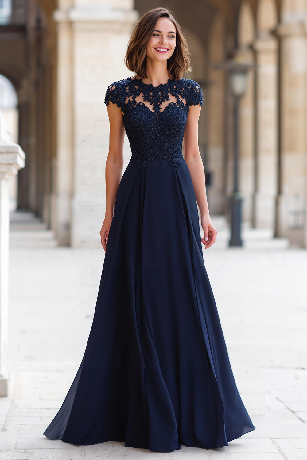 Mousseline de soie marine col rond trapèze longue mère de la mariée robe avec dentelle