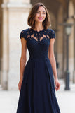 Mousseline de soie marine col rond trapèze longue mère de la mariée robe avec dentelle