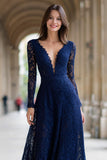 Bleu marine Col V Manches longues Robe longue Mère de la mariée Dentelle trapèze