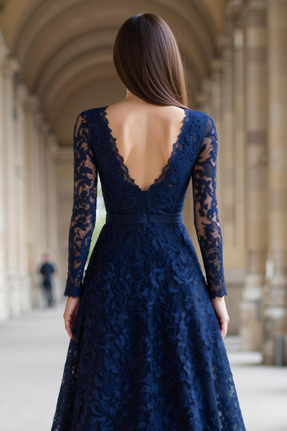 Bleu marine Col V Manches longues Robe longue Mère de la mariée Dentelle trapèze