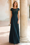 Robe longue mère de la mariée en mousseline de soie à col rond vert paon avec manches