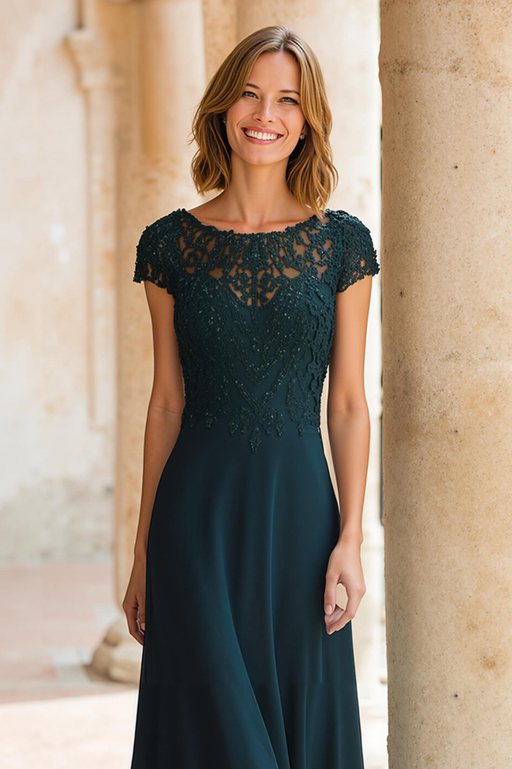 Robe longue mère de la mariée en mousseline de soie à col rond vert paon avec manches