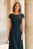 Robe longue mère de la mariée en mousseline de soie à col rond vert paon avec manches