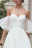 Robe de fiançailles trapèze en tulle midi ivoire à col chéri