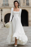 Ivoire Une Ligne Satin Col Carré Manches Longues Robe de mariée avec volants