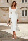 Robe de mariée à manches longues en crêpe sirène à col carré ivoire