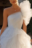 Tulle ivoire une ligne une épaule robe de mariée courte avec volants