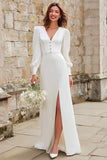 Robe de mariée maxi à col en V fourreau ivoire avec manches