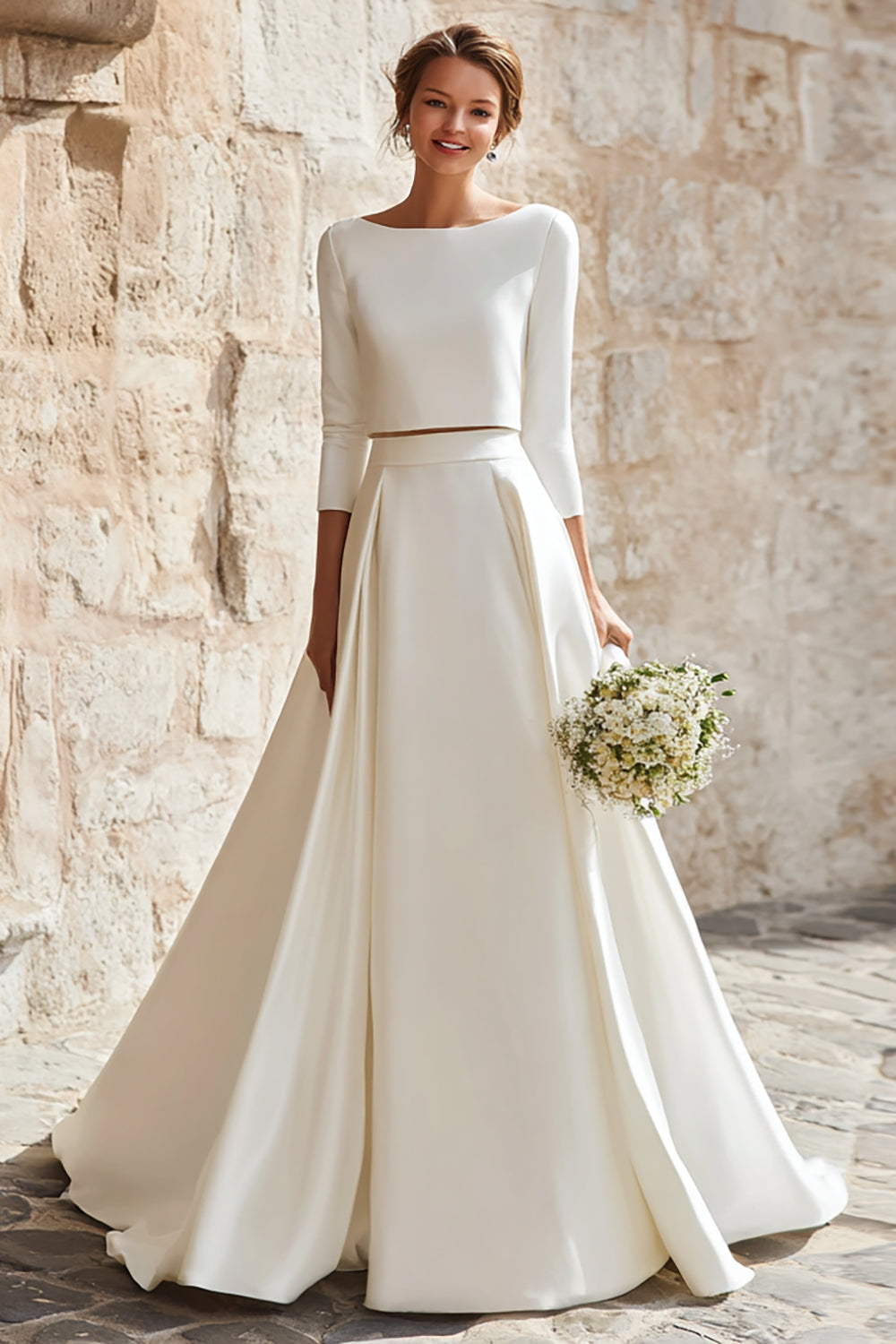 Ivoire bateau col satin 2 pièces balayage traîne une robe de mariée en ligne
