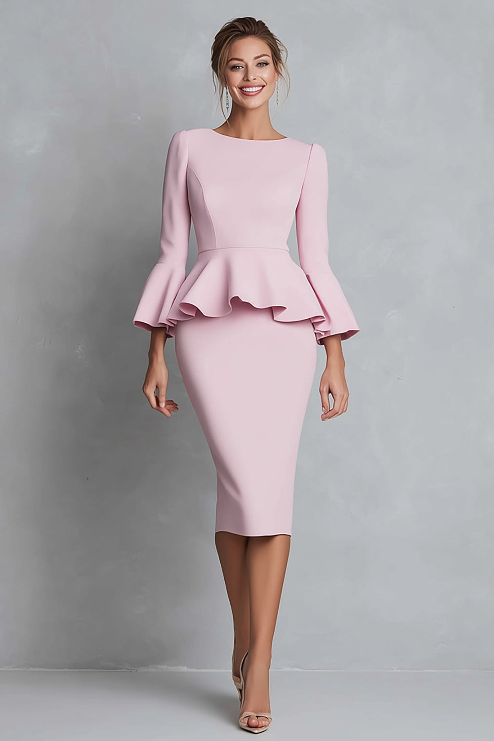 Robe de travail fourreau rose à volants avec manches