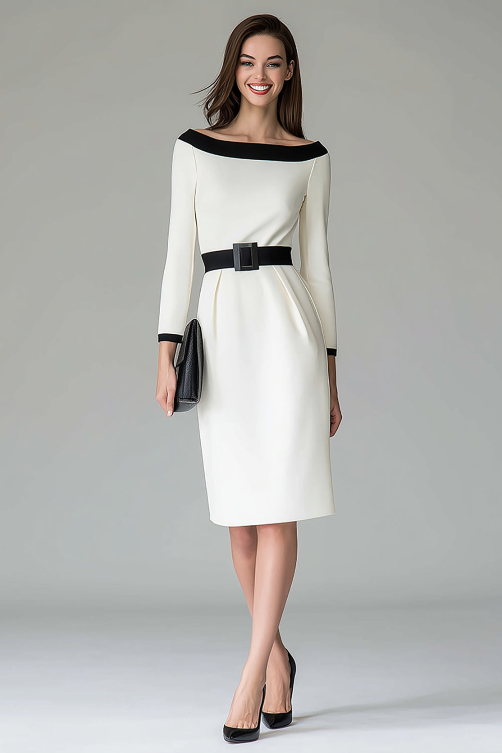 Noir Blanc Off the Shouder Robe de travail midi