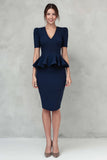 Robe de travail midi à volants à col en V bleu marine