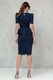 Robe de travail midi à volants à col en V bleu marine