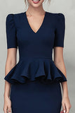 Robe de travail midi à volants à col en V bleu marine