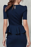 Robe de travail midi à volants à col en V bleu marine
