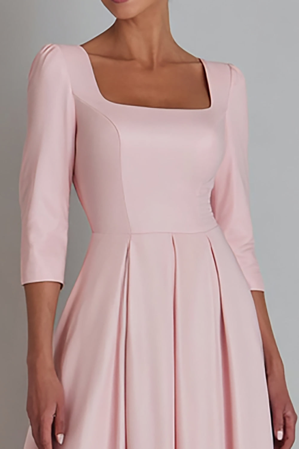 Robe de travail en satin rose à col carré une ligne avec manche