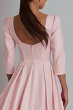 Robe de travail en satin rose à col carré une ligne avec manche