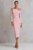 Col bateau rose fourreau appliques robe de travail midi