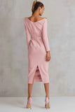 Col bateau rose fourreau appliques robe de travail midi