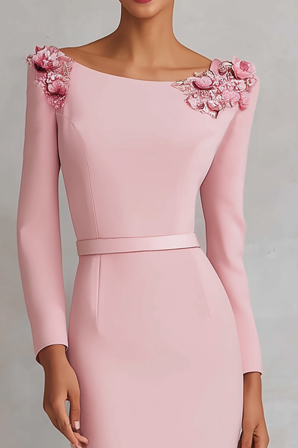 Col bateau rose fourreau appliques robe de travail midi